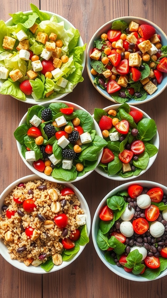Five different salads including Caesar, Mediterranean, Spinach Strawberry, Quinoa Black Bean, and Caprese on a wooden table.